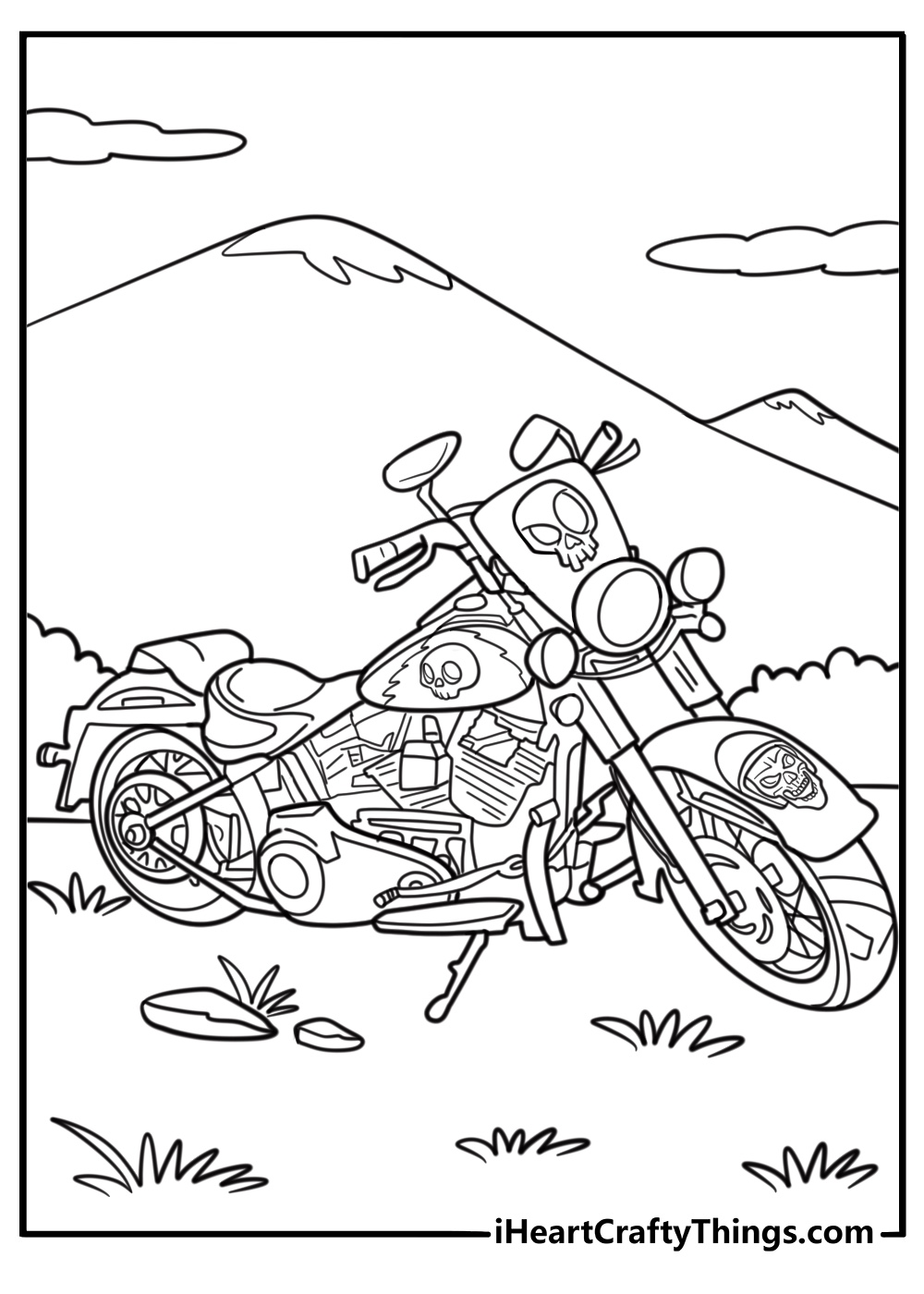 Custom Harley Davidson motorcycle with skull artwork coloring page