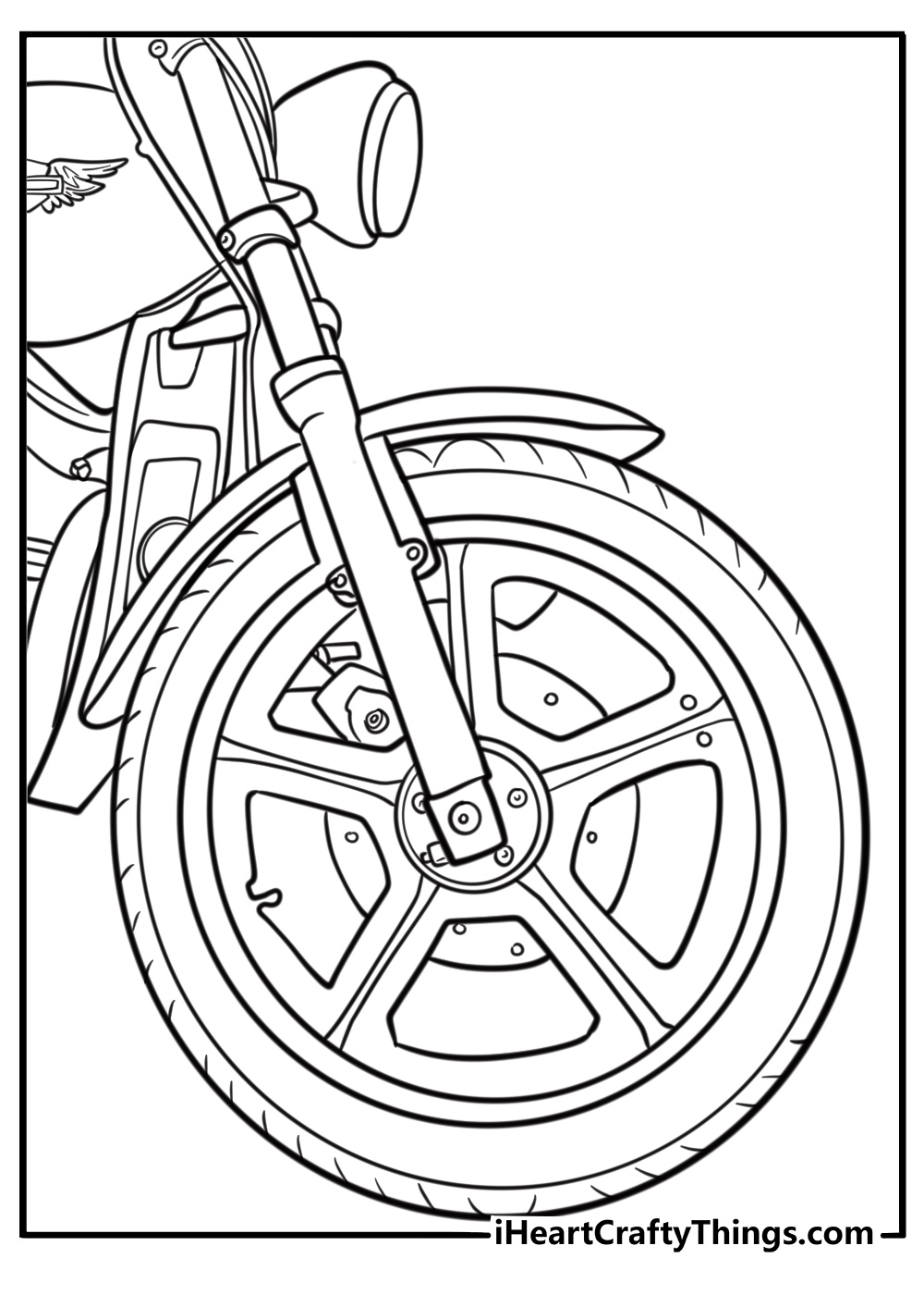 Detailed Harley Davidson front wheel and forks coloring page