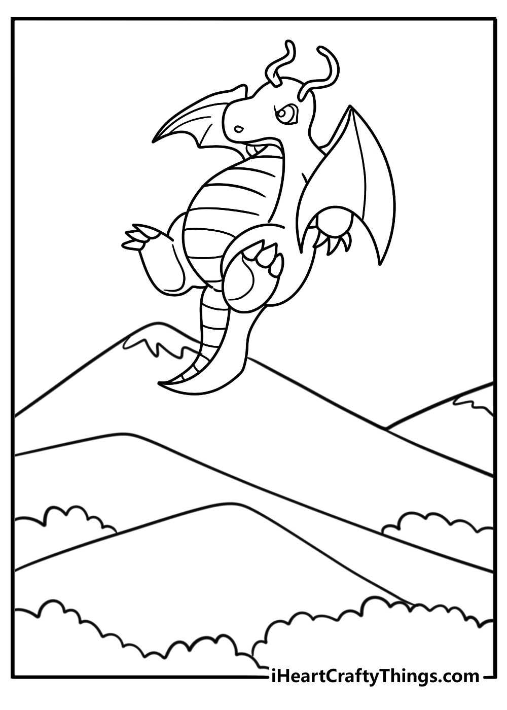 Dragonite flying above snowy mountains free printable coloring page
