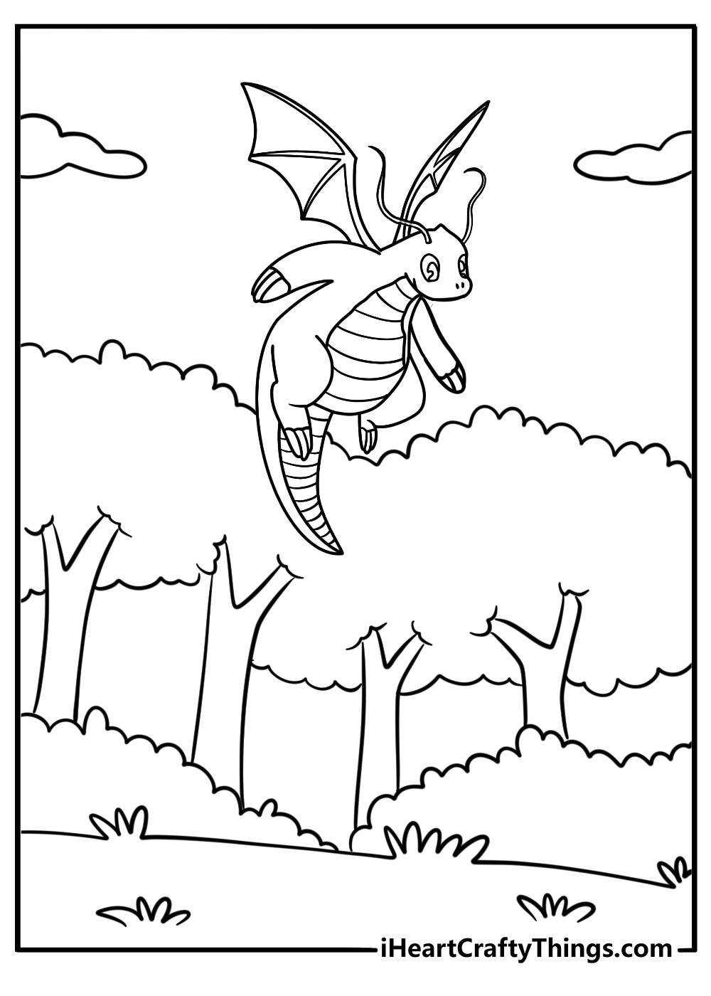 Dragonite flying over a forest free coloring page pdf