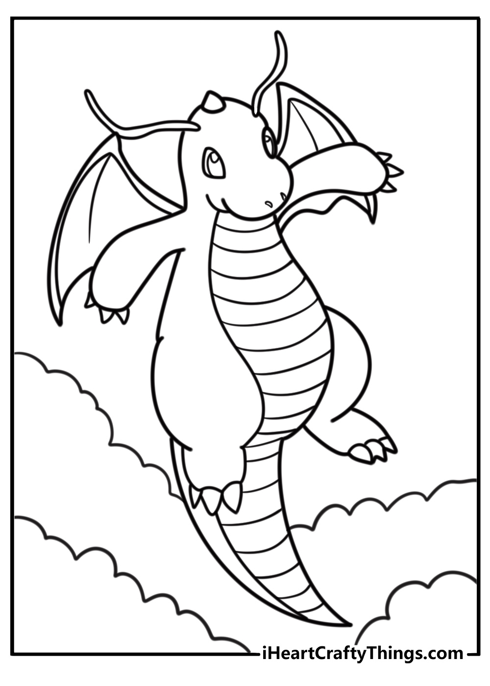 Dragonite flying through the sky coloring page for kids