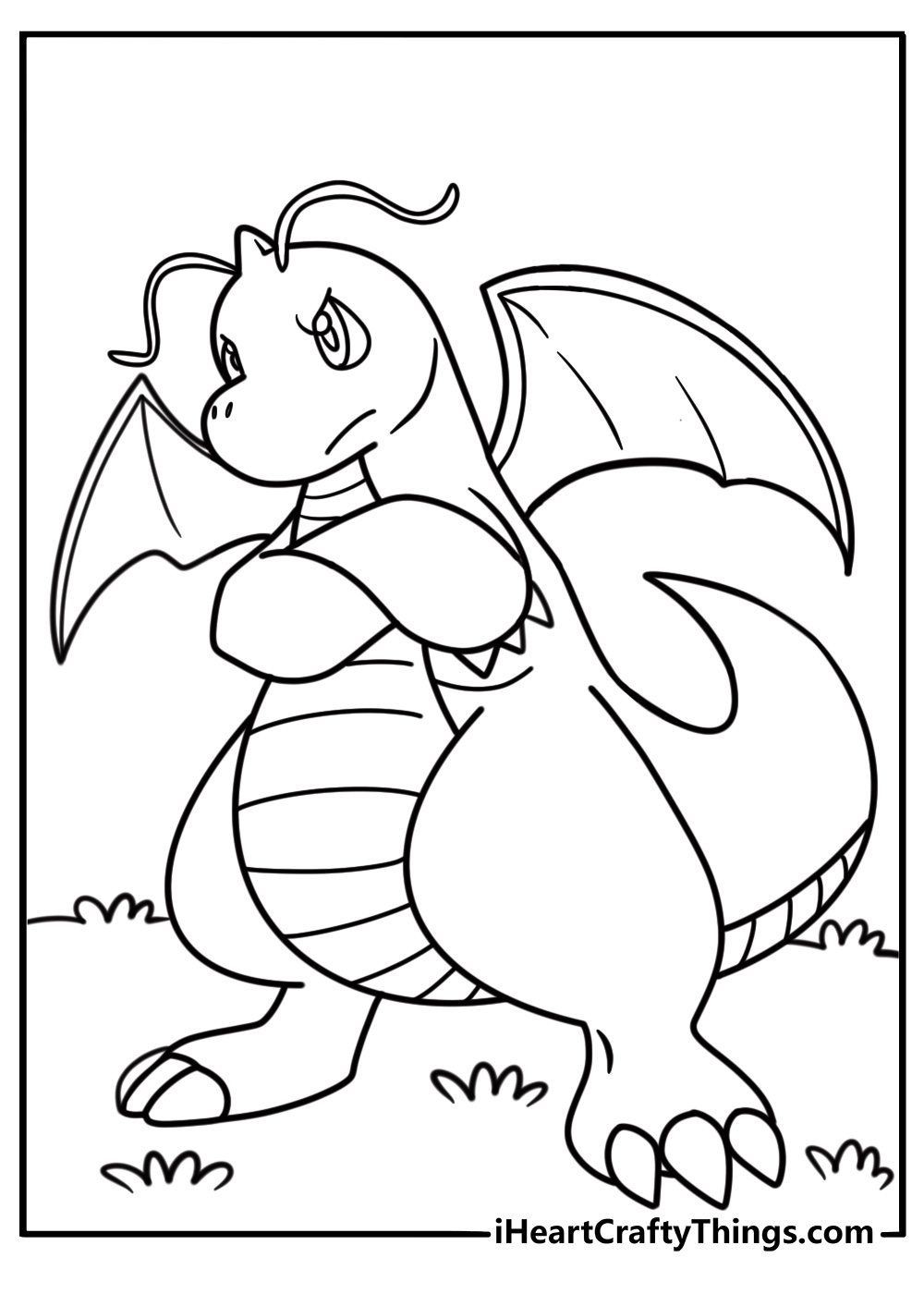 Dragonite in a classic anime pose fun coloring sheet