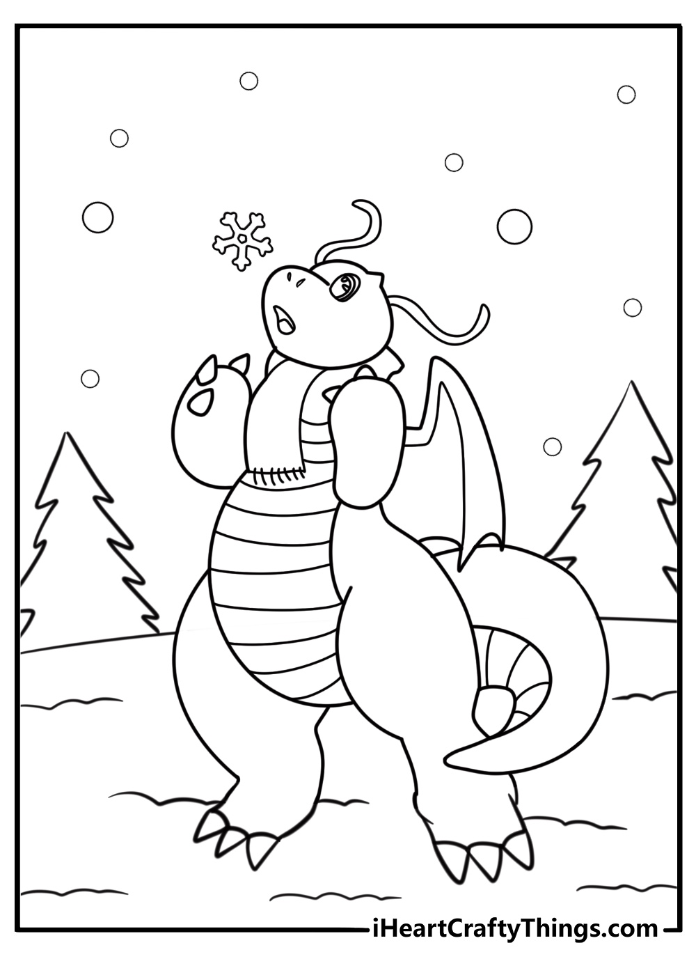 Dragonite in a peaceful valley fun printable coloring sheet
