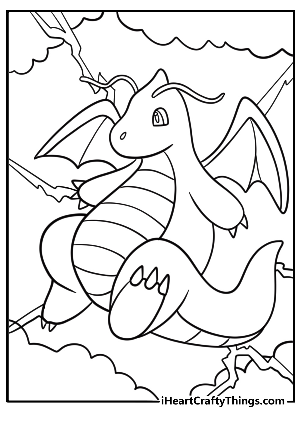 Dragonite in a stormy sky coloring page