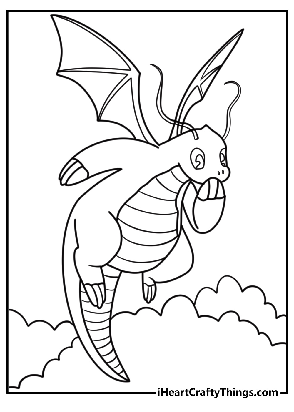 Dragonite landing near a mountain fun printable coloring sheet