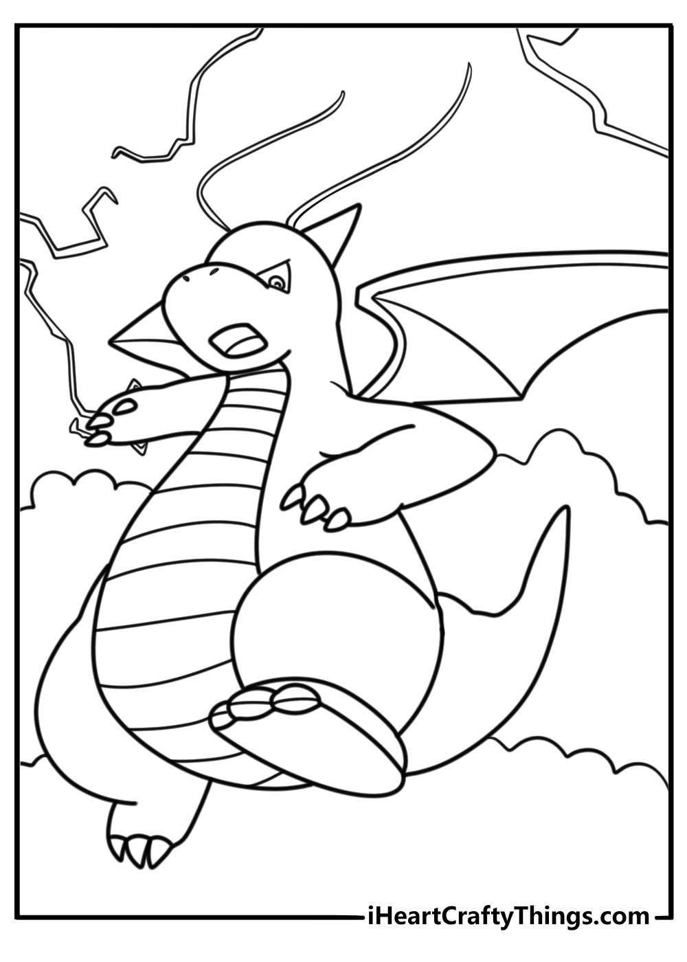 Dragonite mid flight over a beach detailed coloring sheet