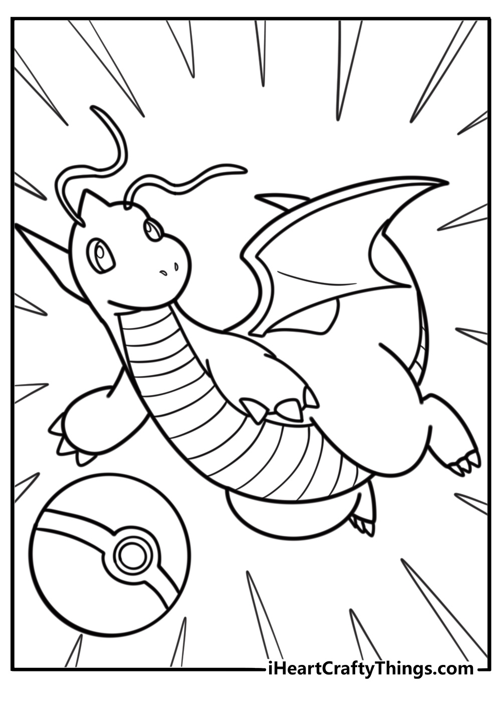 Dragonite next to a Pokeball detailed coloring sheet