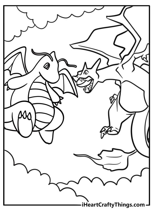 Dragonite next to Charizard in a battle stance detailed coloring sheet