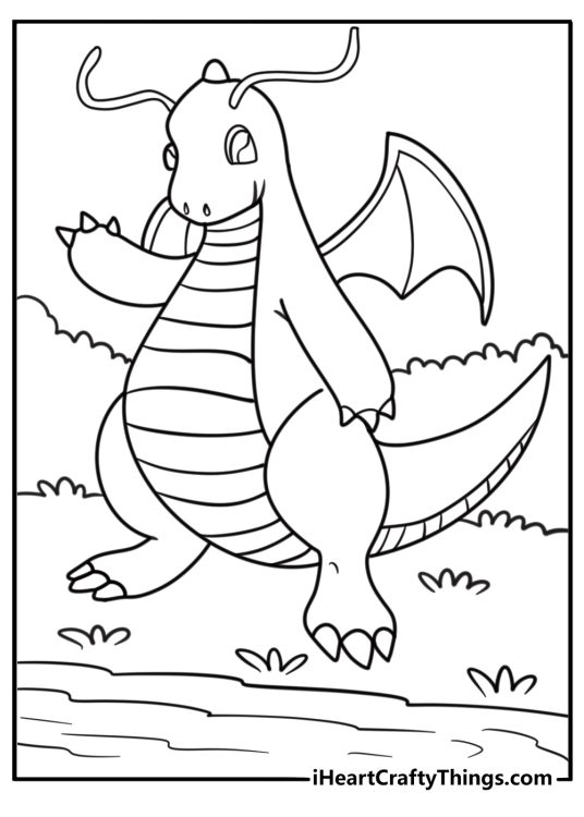 Dragonite standing proudly near water free printable coloring page