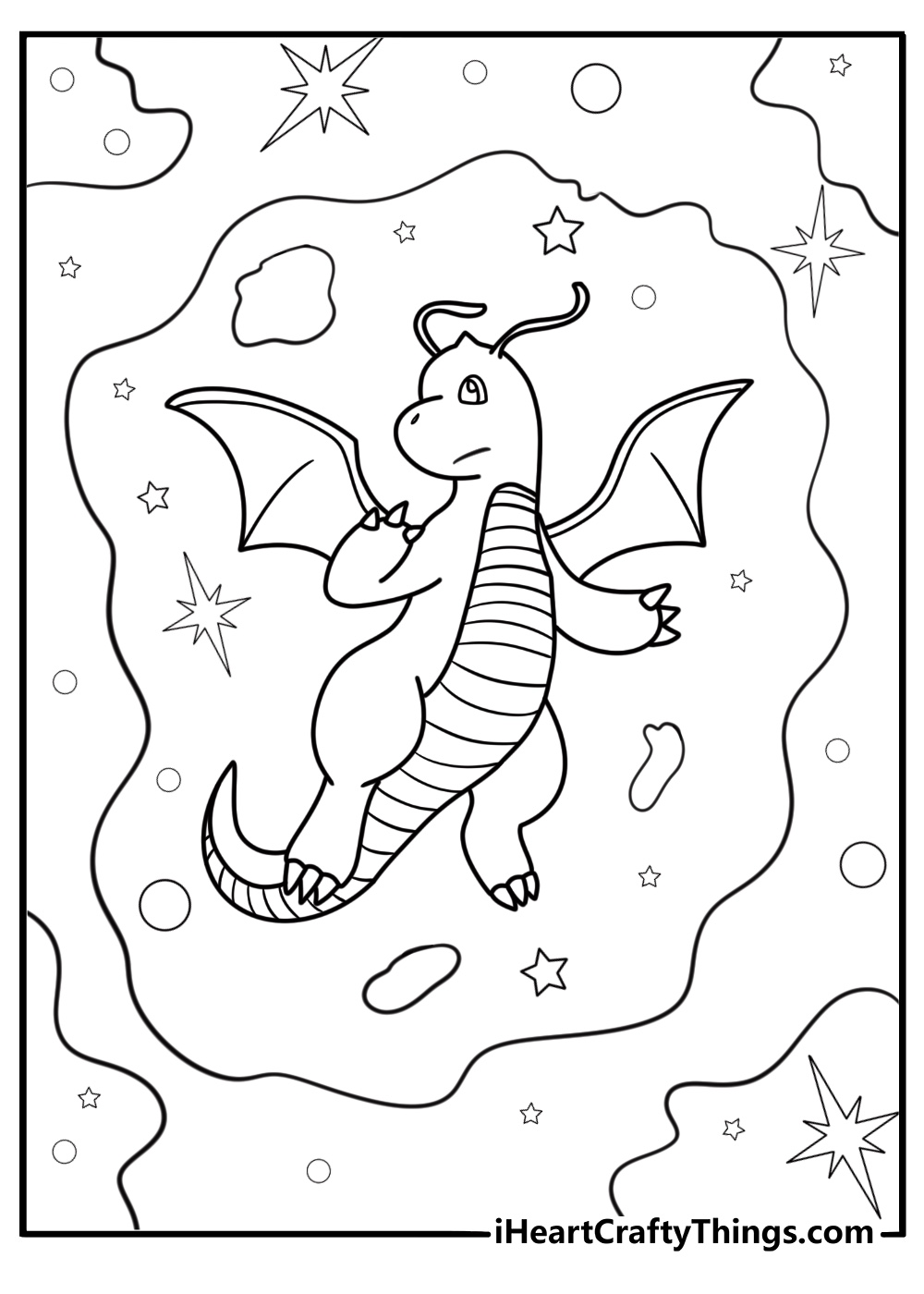 Dragonite surrounded by sparkles and energy free coloring page pdf