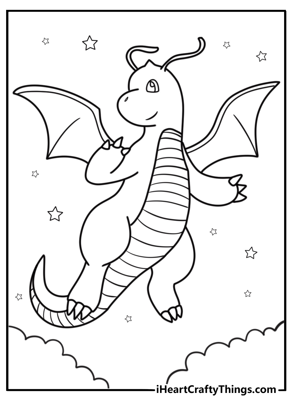 Dragonite surrounded by stars in the night sky free printable coloring page