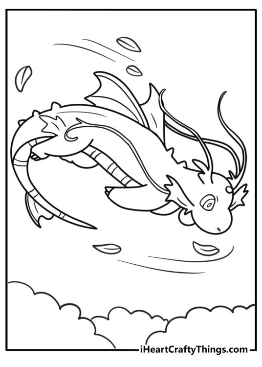 Dragonite with clouds and wind trails fun coloring sheet