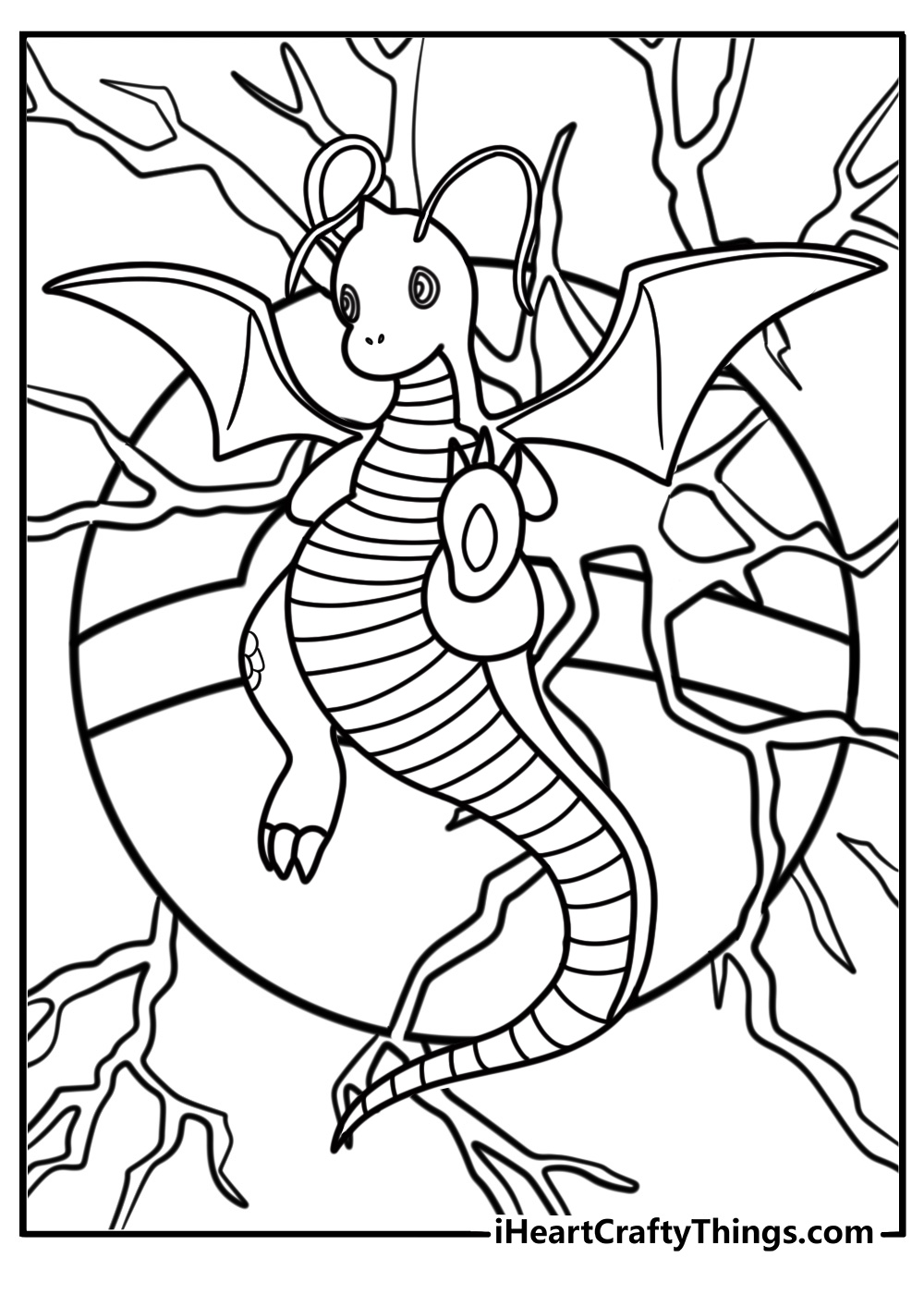 Dragonite with electricity around its wings coloring page for kids