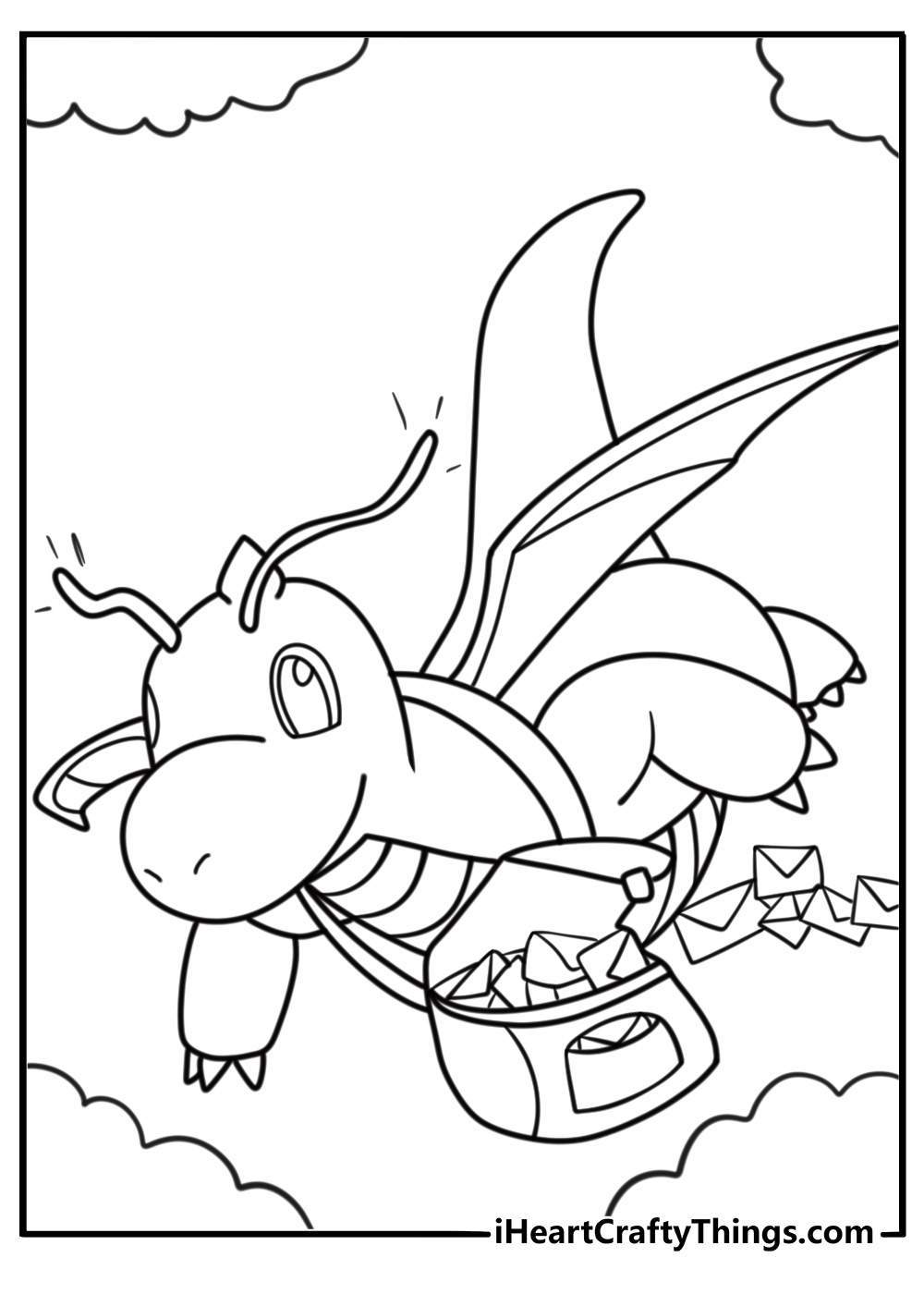 Dragonite with glowing antennae coloring page