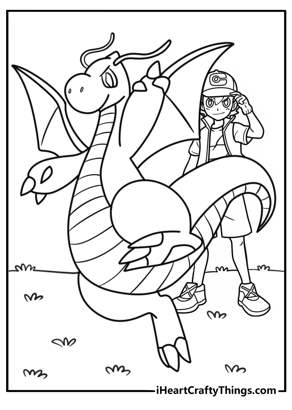Dragonite with its trainer in the background detailed coloring sheet