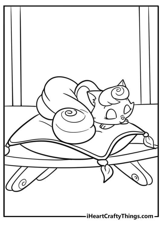 Dreamy the kitten sleeping on a cushion detailed coloring sheet