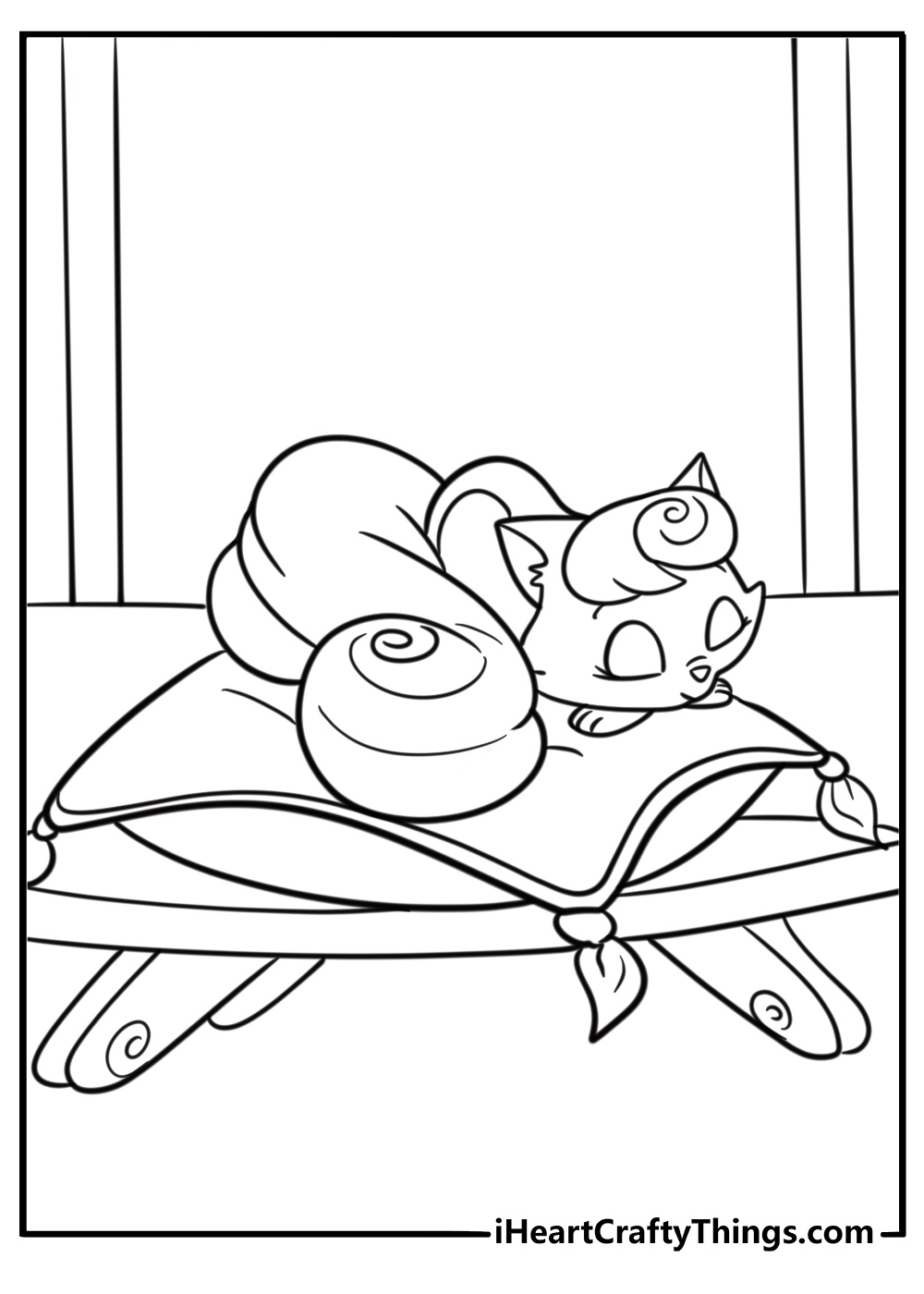 Dreamy the kitten sleeping on a cushion detailed coloring sheet