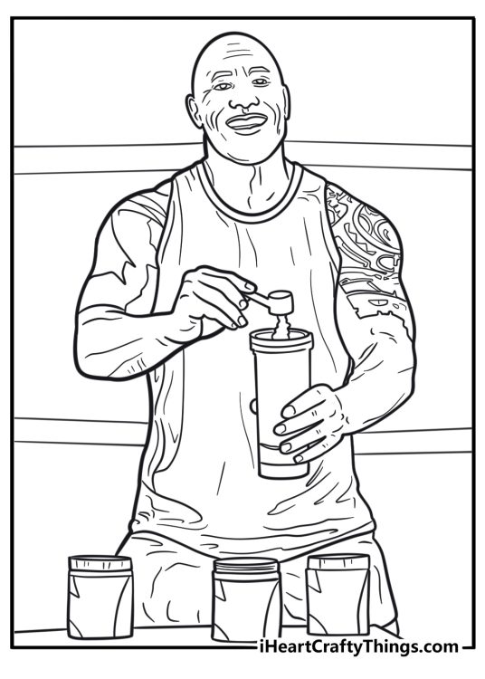 Dwayne Johnson holding protein shake printable fitness coloring sheet