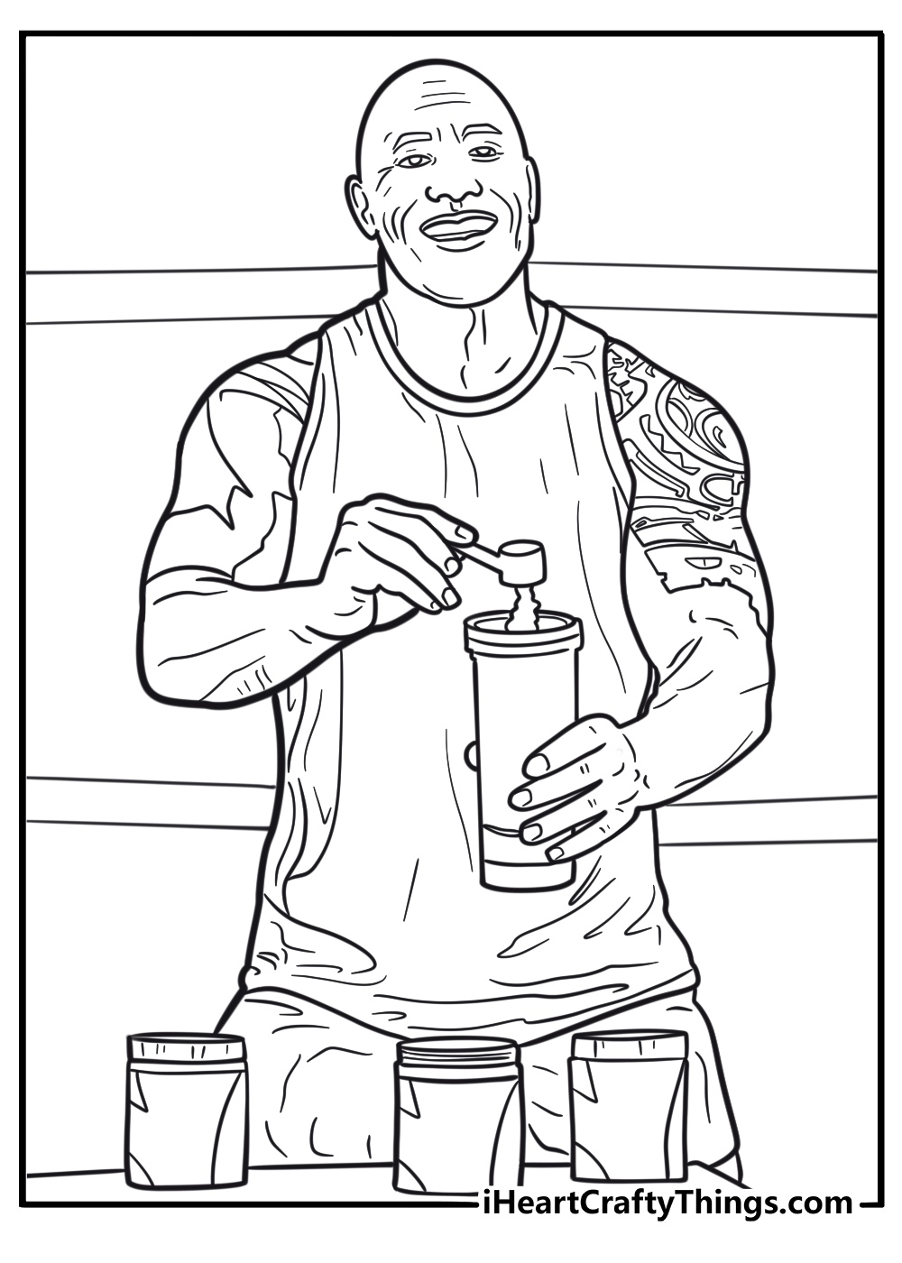 Dwayne Johnson holding protein shake printable fitness coloring sheet