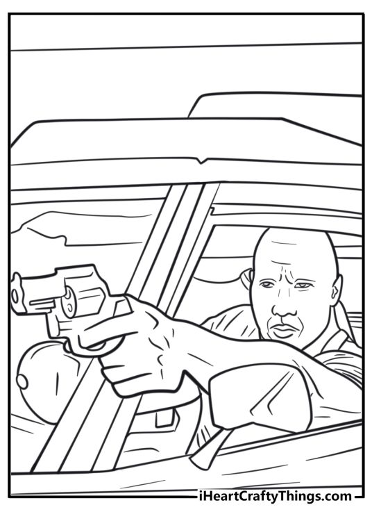 Dwayne Johnson in Fast and Furious car chase coloring page
