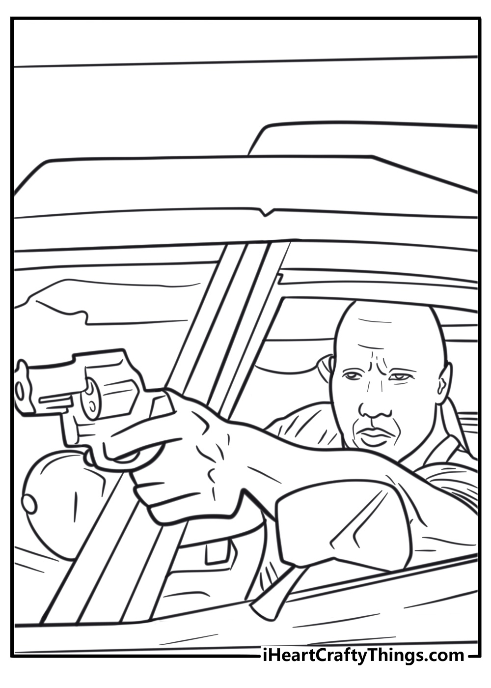 Dwayne Johnson in Fast and Furious car chase coloring page