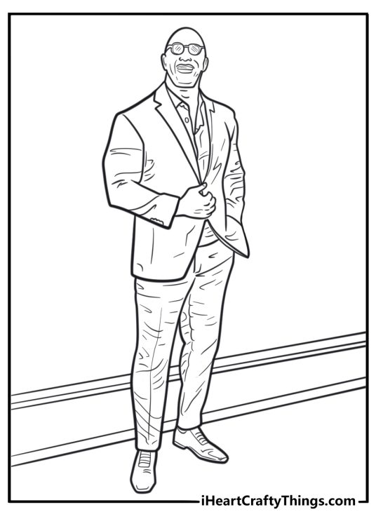 Dwayne Johnson in suit on red carpet coloring sheet for kids