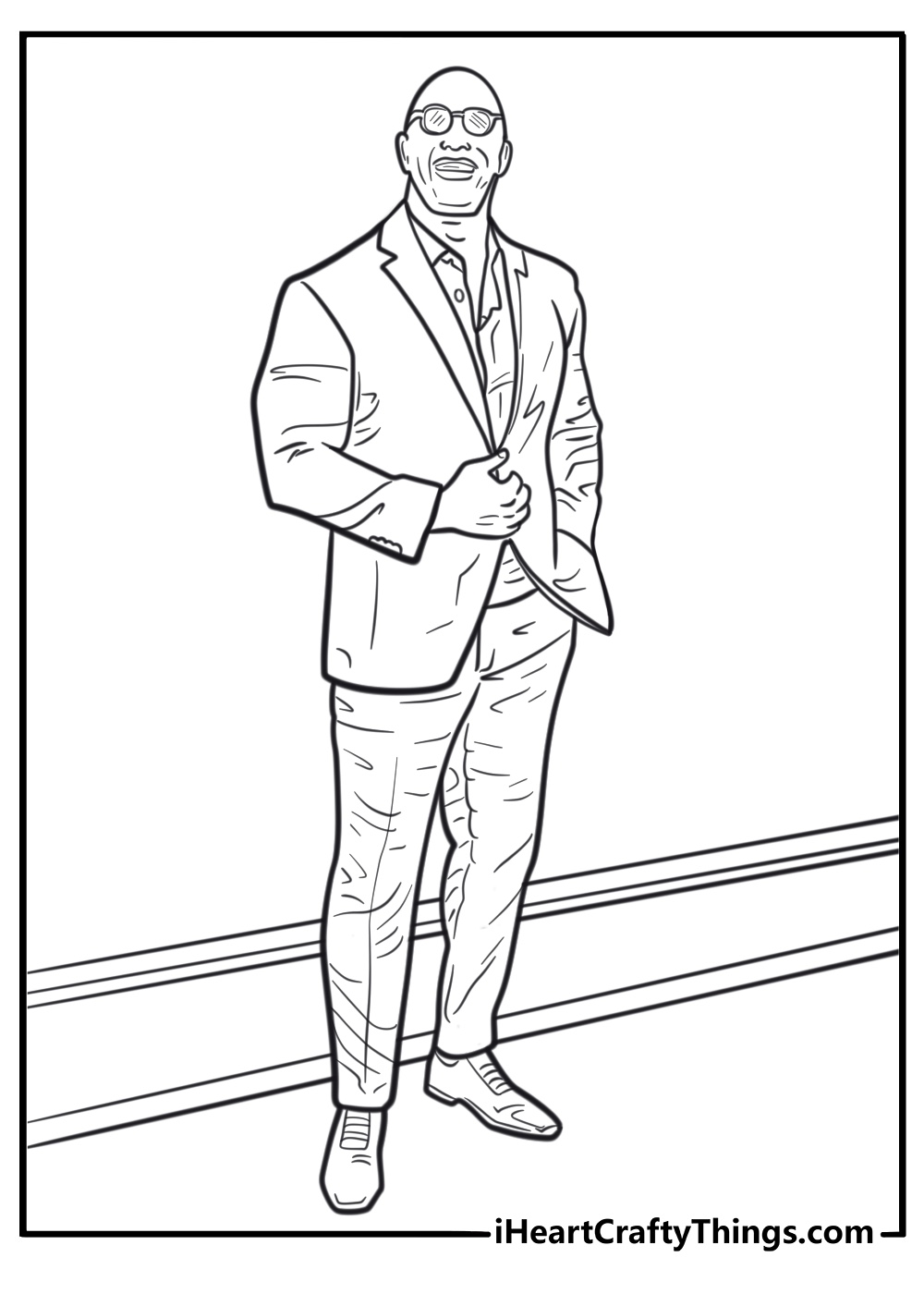 Dwayne Johnson in suit on red carpet coloring sheet for kids