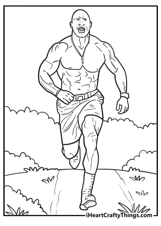 Dwayne Johnson running in jungle from movie scene coloring sheet