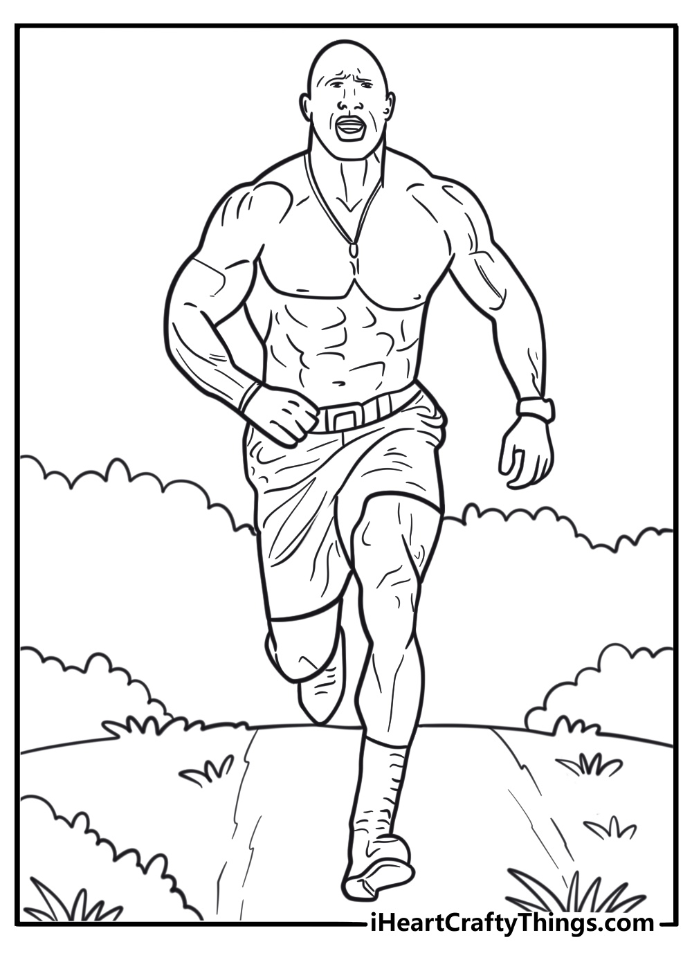 Dwayne Johnson running in jungle from movie scene coloring sheet