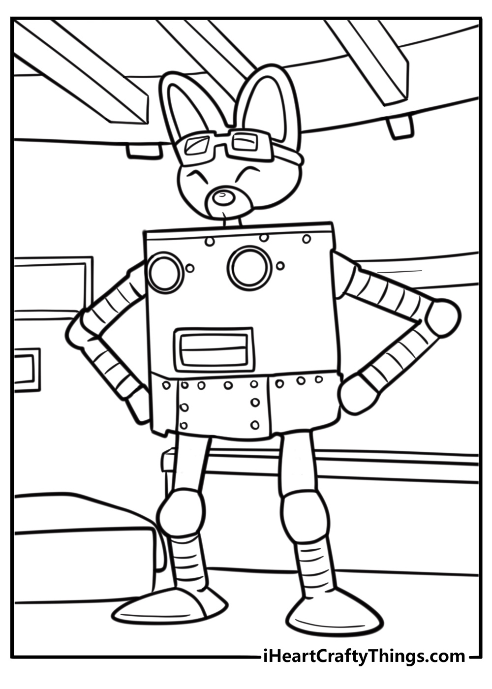Eddy the fox inventing a machine in his lab coloring page