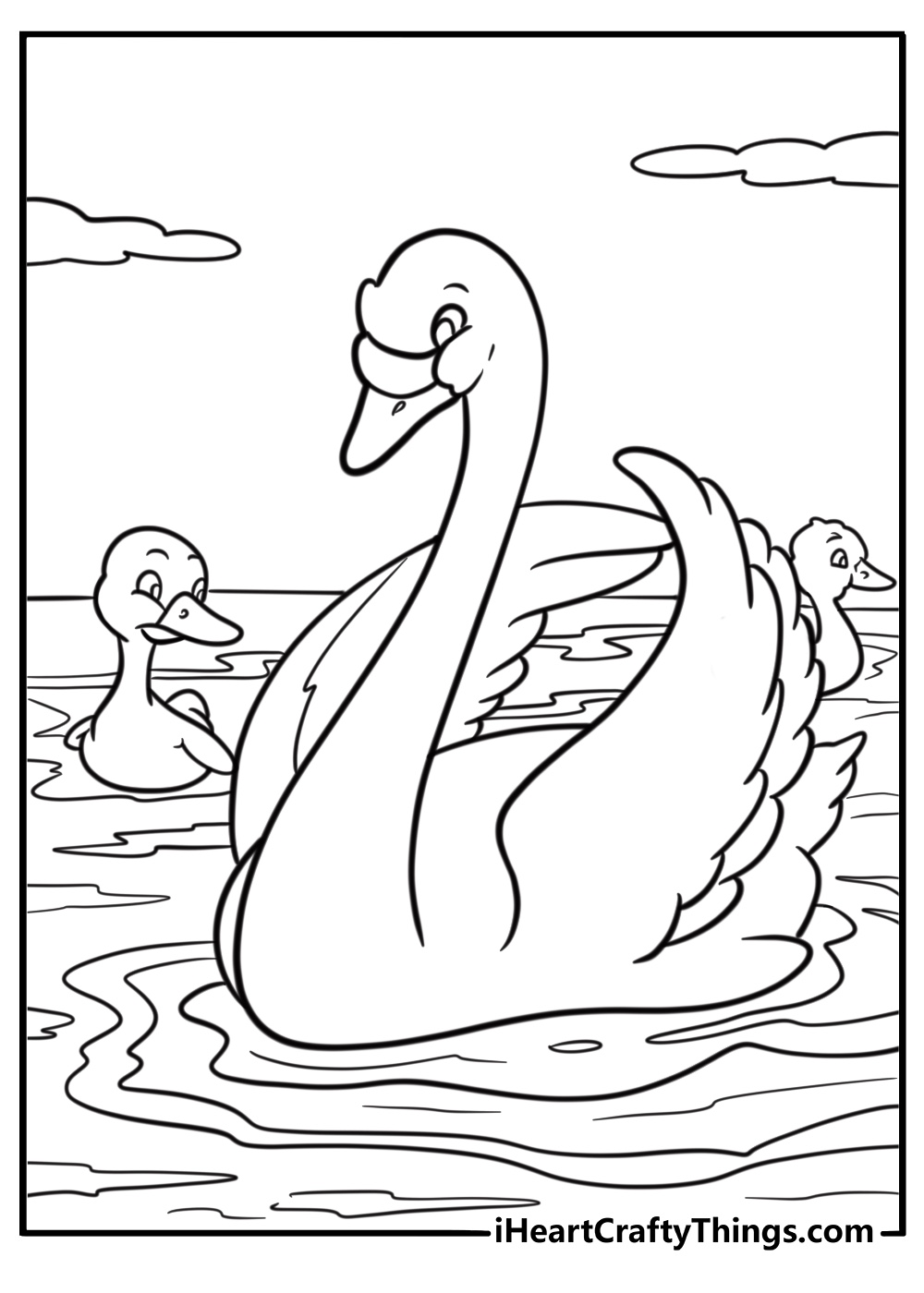 Elegant swan floating near water lilies free printable coloring page