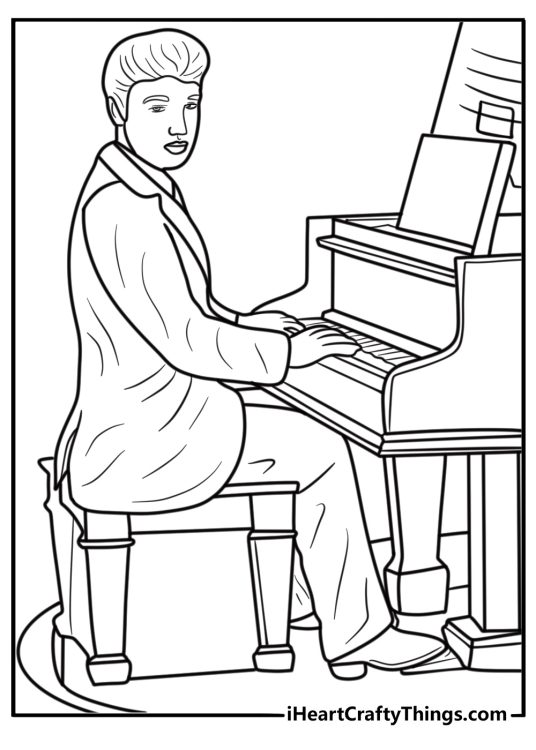 Elvis at a piano playing music coloring page