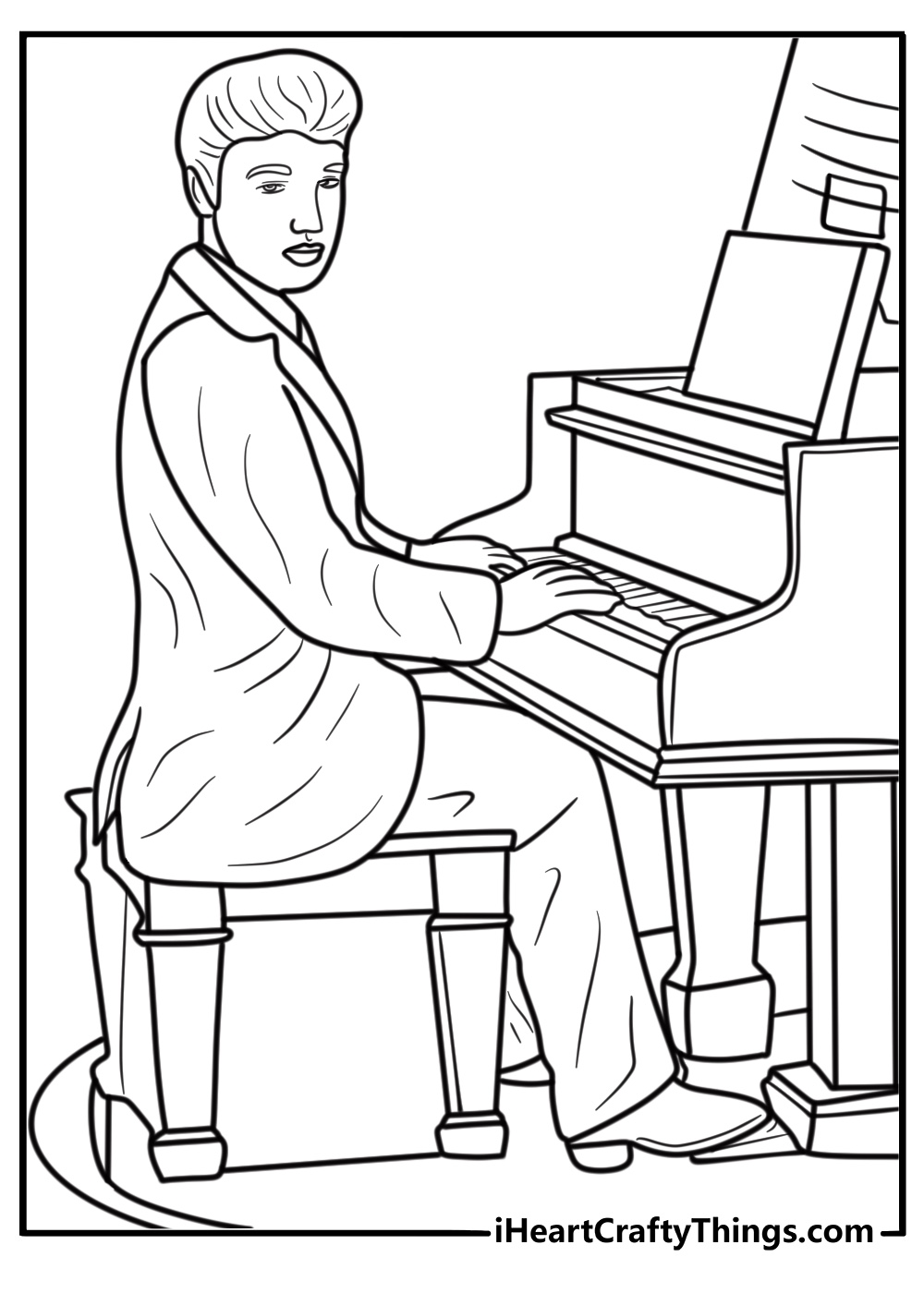 Elvis at a piano playing music coloring page
