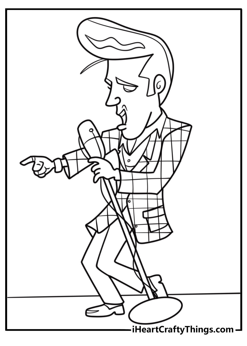 Elvis dancing with a microphone stand coloring page