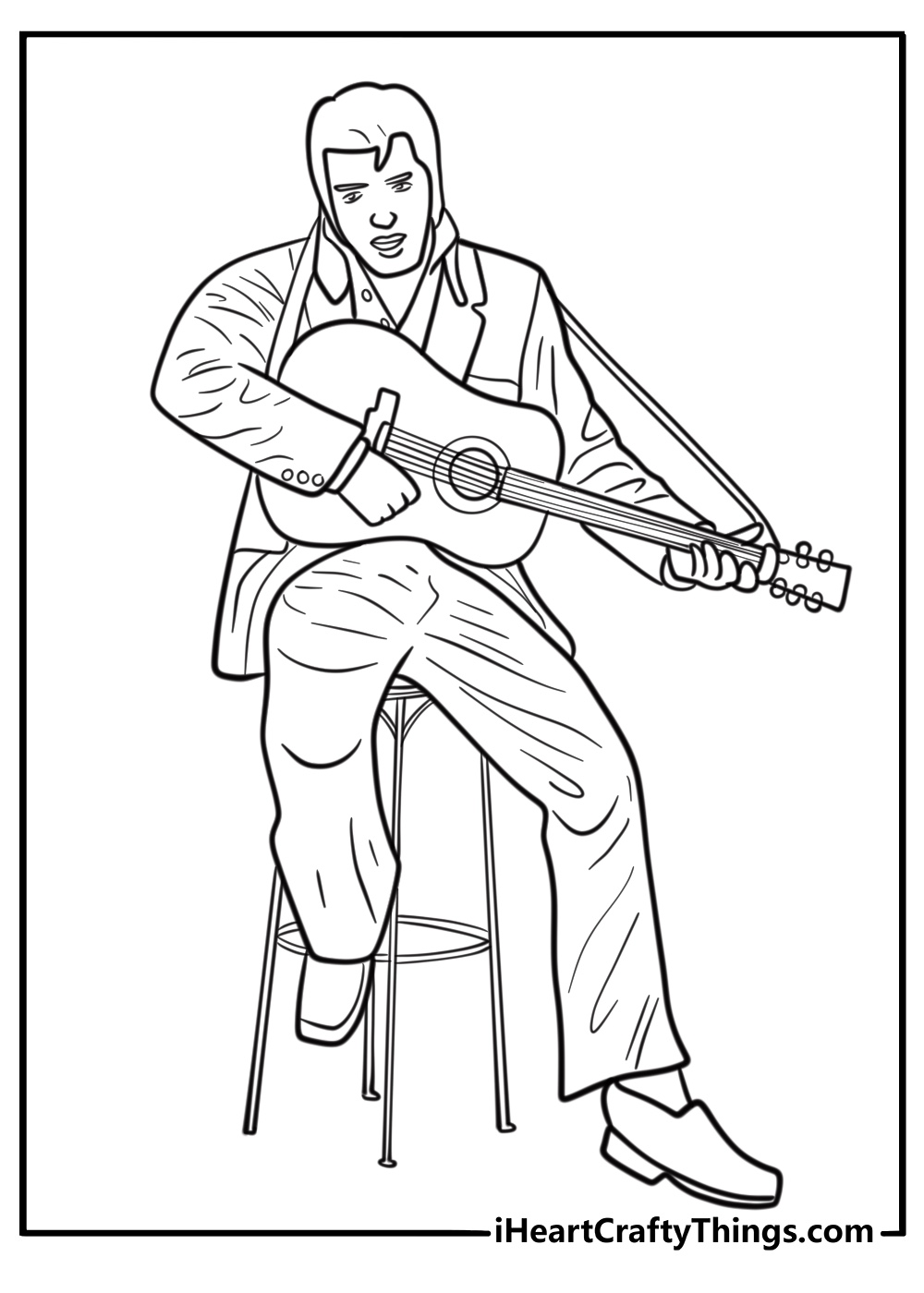 Elvis holding an acoustic guitar on a stool coloring page