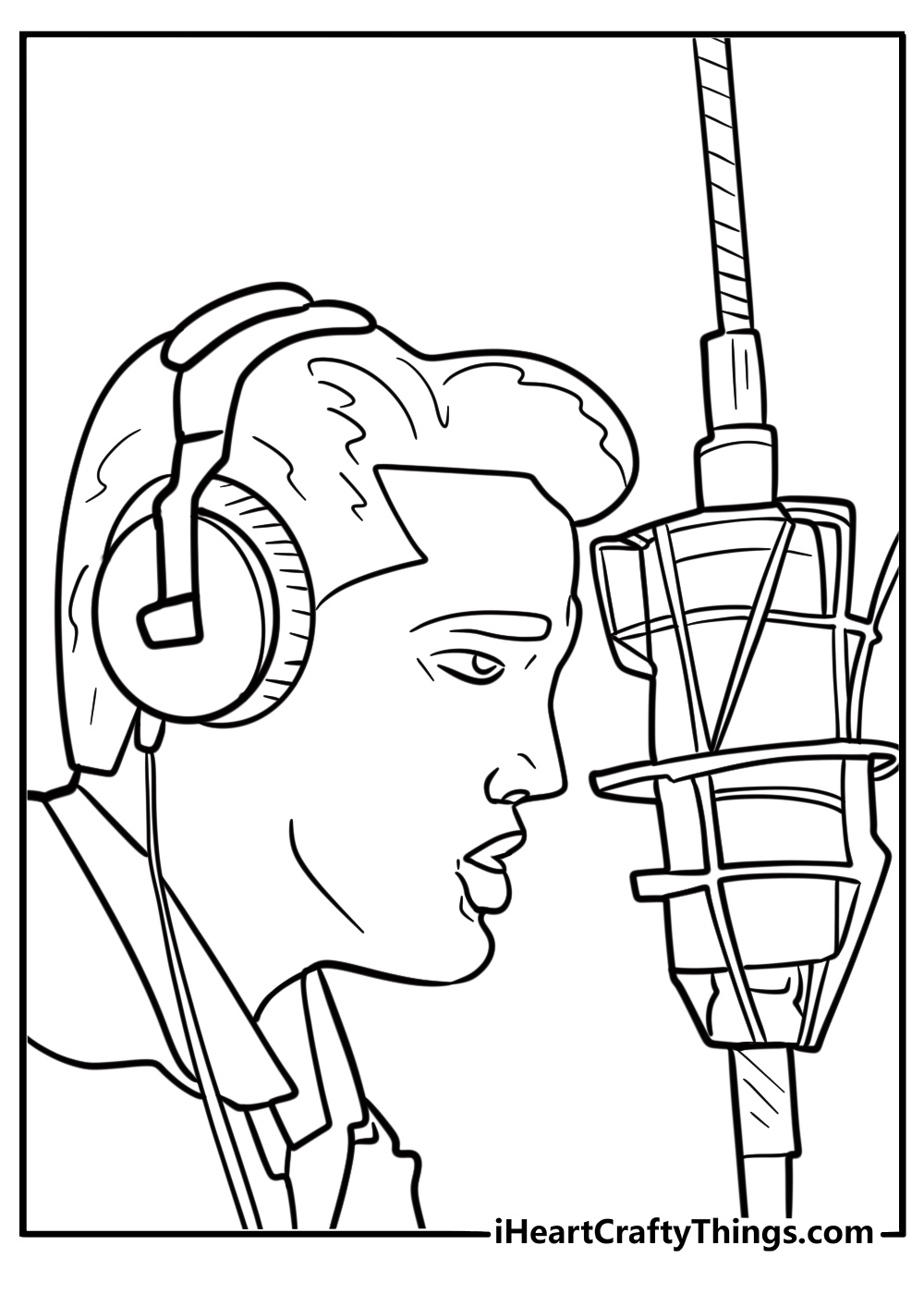 Elvis in a recording studio with headphones coloring page