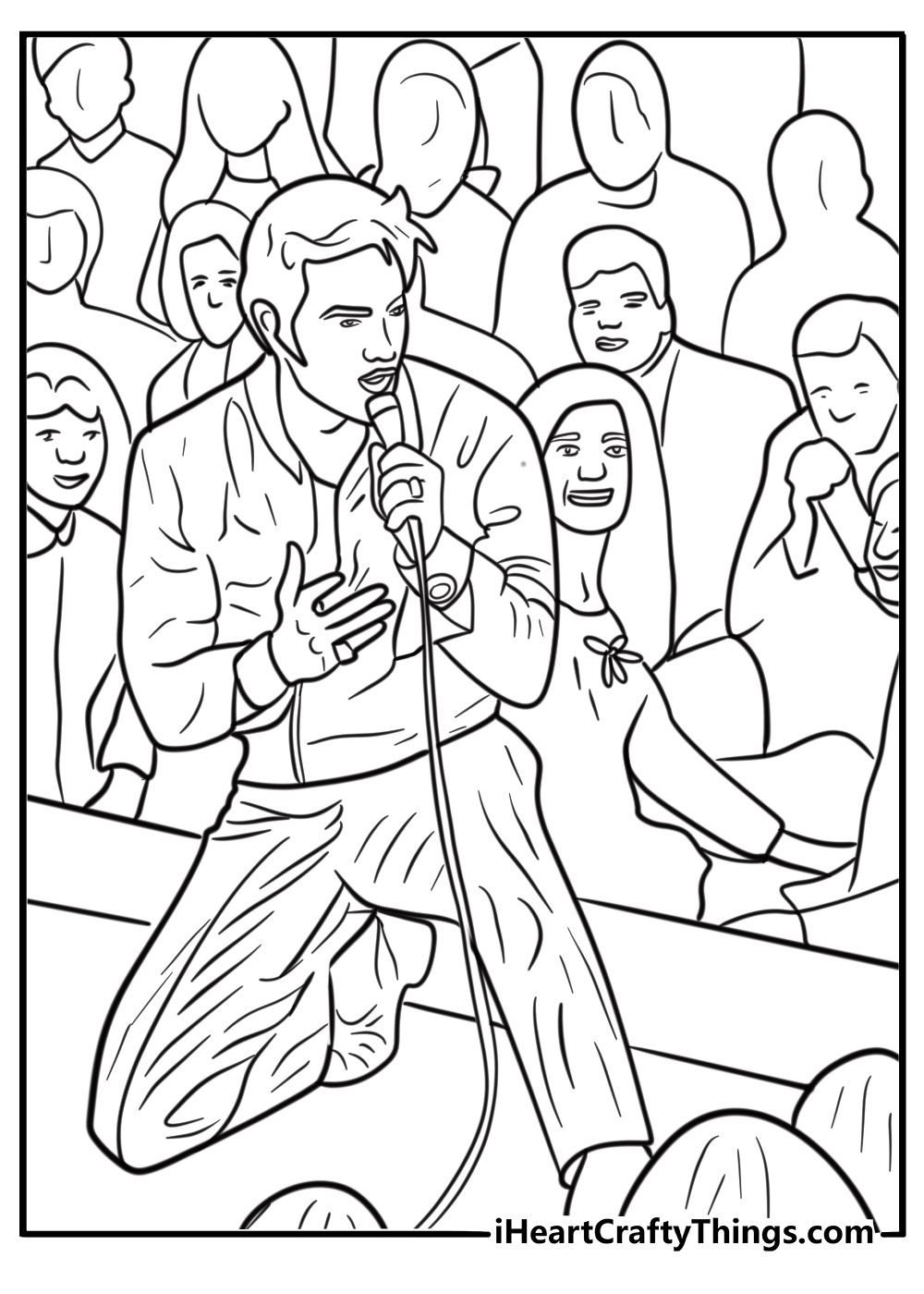 Elvis performing on television with a crowd in the background coloring page