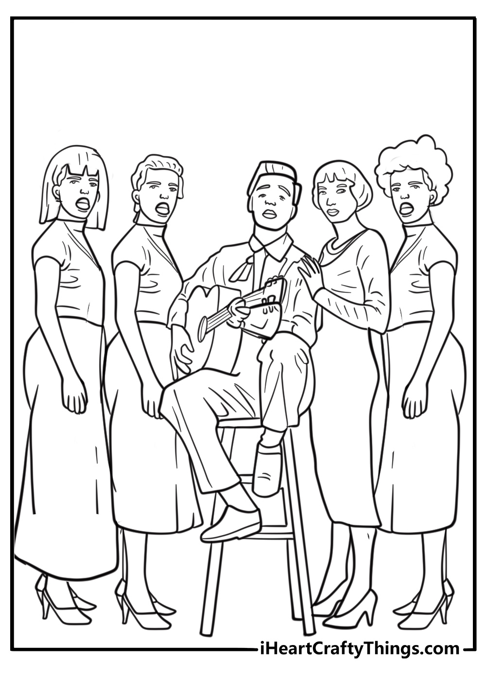 Elvis with a group of backup singers coloring page