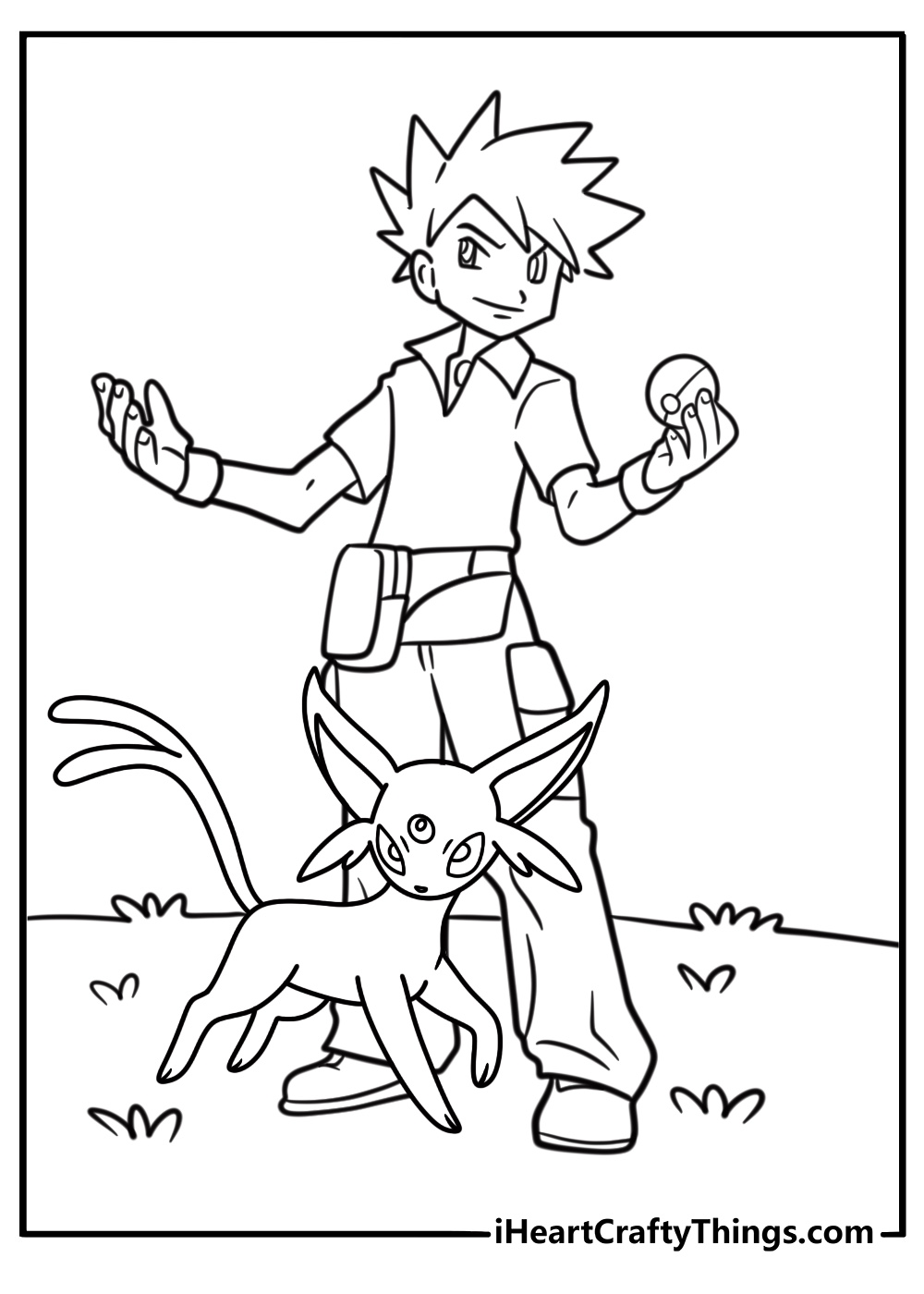 Espeon and Trainer silhouette together under a clear sky printable coloring sheet