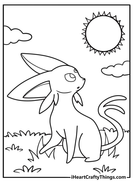 Espeon looking at the horizon with rising sun behind simple coloring page