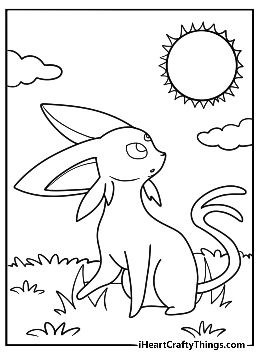 Espeon looking at the horizon with rising sun behind simple coloring page