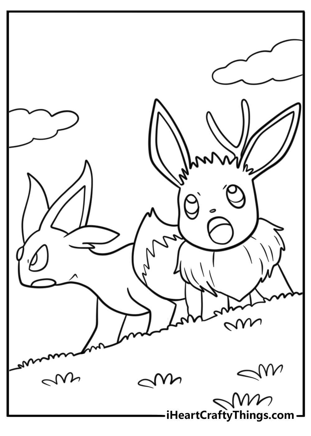 Espeon next to Eevee showing evolution stages detailed coloring page