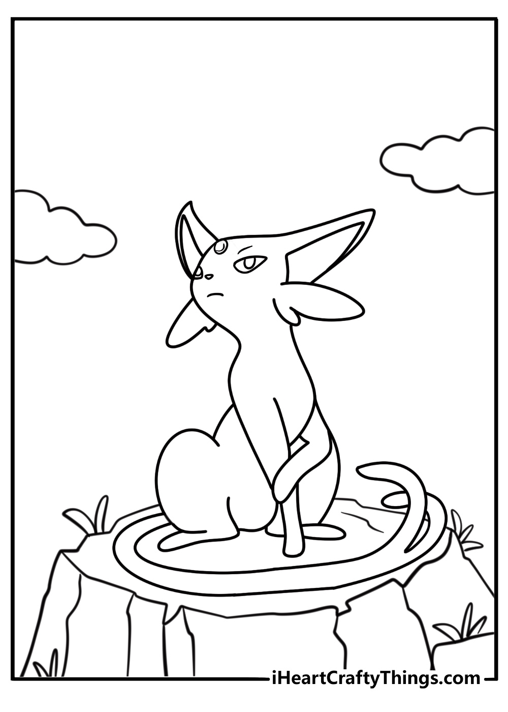 Espeon sitting calmly on a rock in the wild printable coloring page pdf