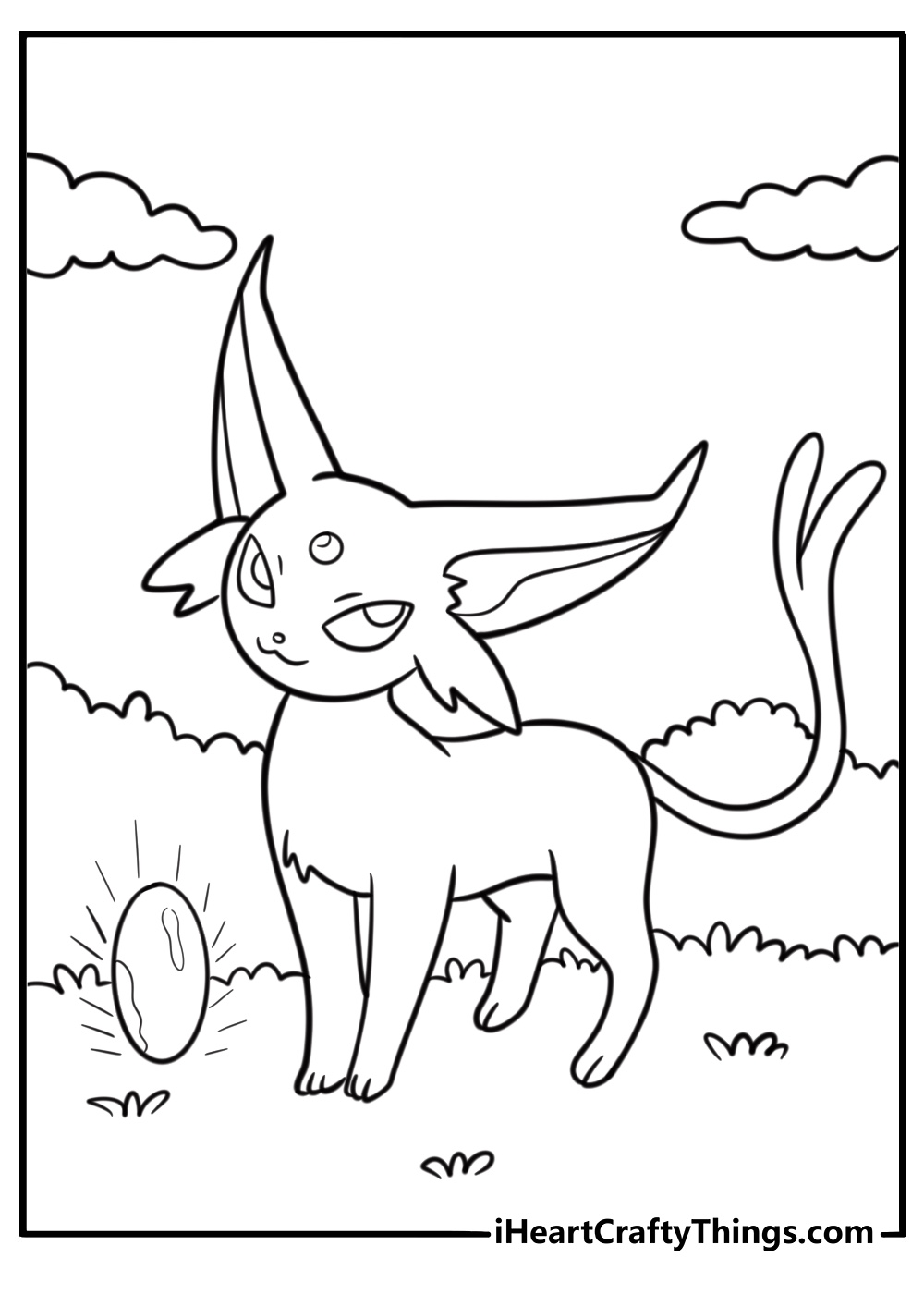 Espeon standing in front of a glowing stone free pdf coloring page
