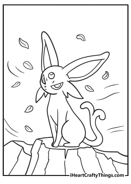 Espeon standing on a cliff with wind blowing through fur detailed coloring page