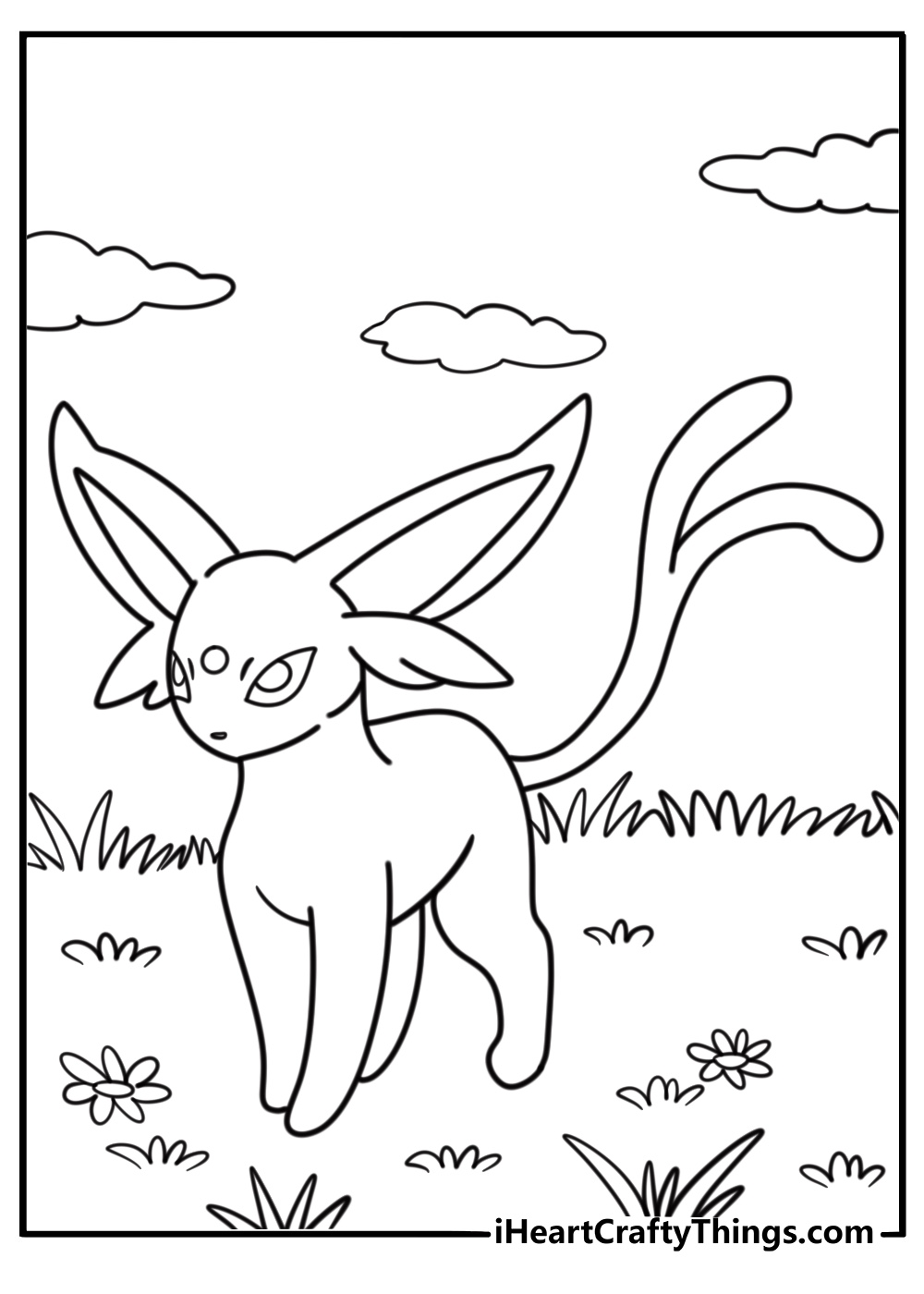 Espeon standing on all fours in a grassy field easy coloring page for kids