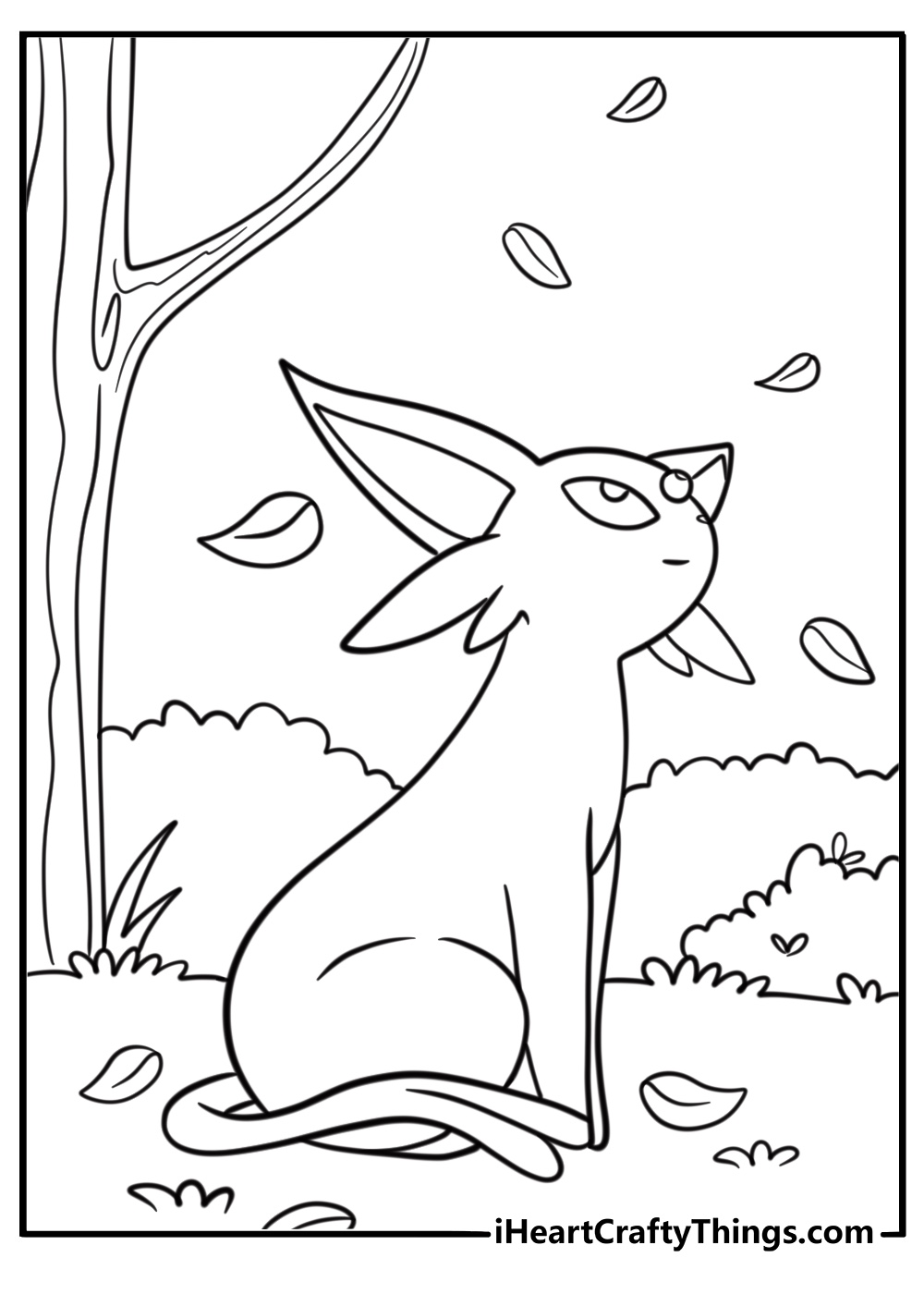 Espeon surrounded by falling leaves in a quiet meadow printable coloring page