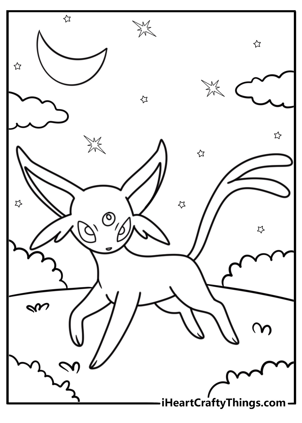 Espeon under moonlight with sparkles in the sky detailed printable sheet