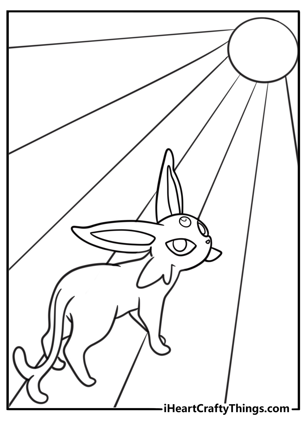 Espeon using Morning Sun with radiant light beams free pdf coloring sheet