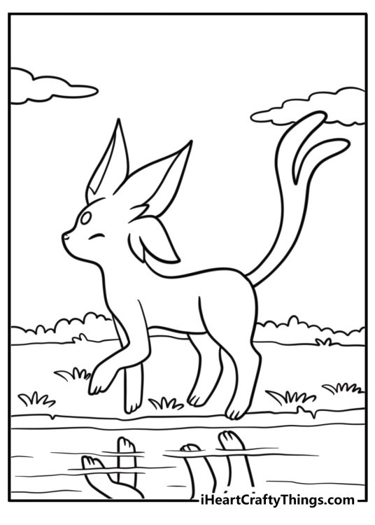 Espeon walking along a stream with reflections in water easy coloring sheet